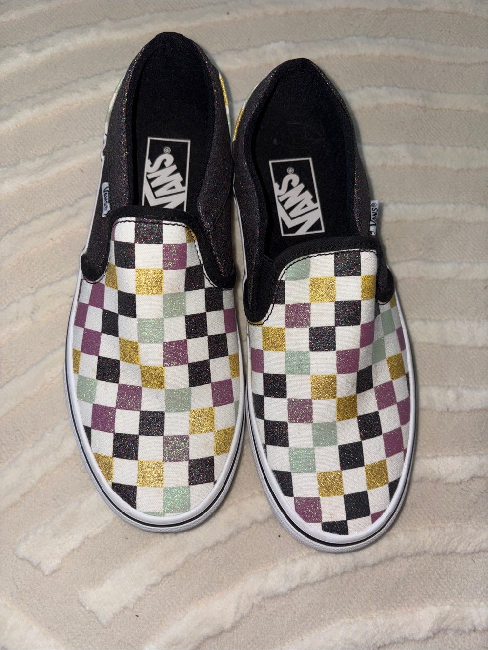 Vans Slip-On Checkerboard Sneakers in Black, Gold, Purple, Green